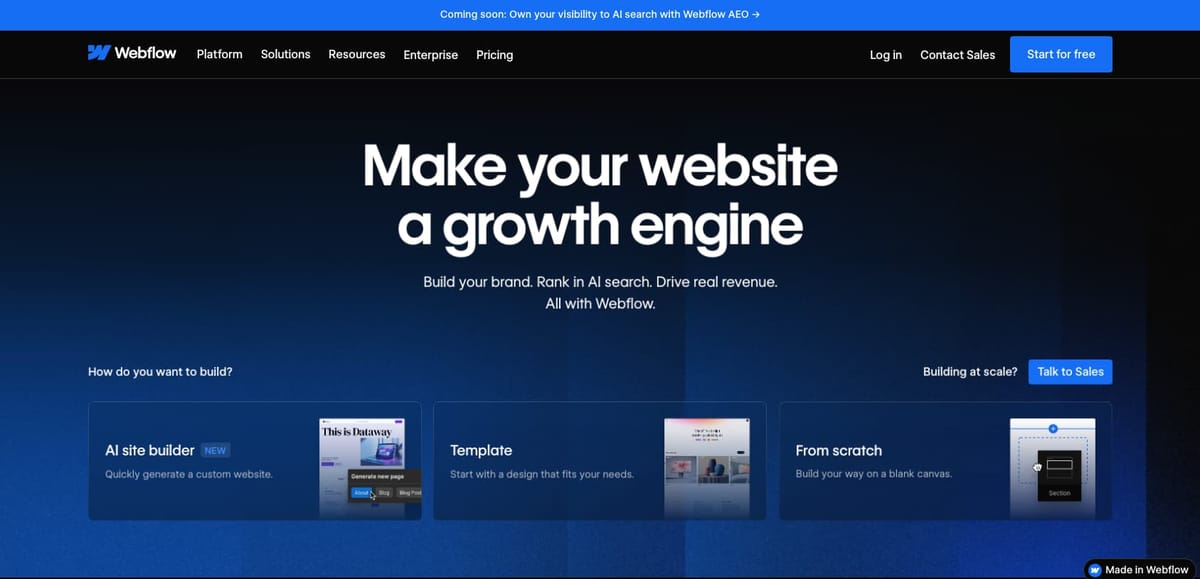 Webflowの公式サイトのトップ画面。「Make your website a growth engine」の見出しと、AI site builder・Template・From scratchの3つの始め方